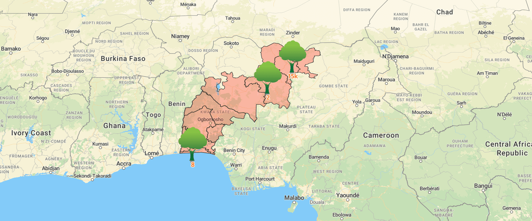 Live map showing tree planting locations across Africa